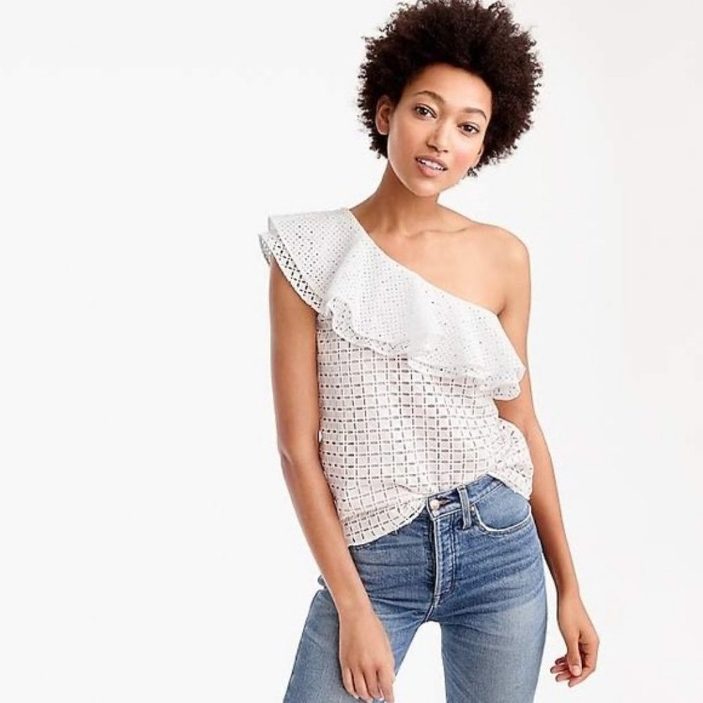 J Crew White Eyelet One Shoulder Top